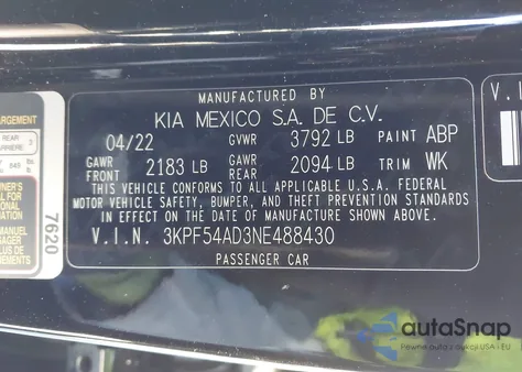 2022 Kia Forte Gt-Line из США, поврежденный, VIN 3KPF54AD3NE488430